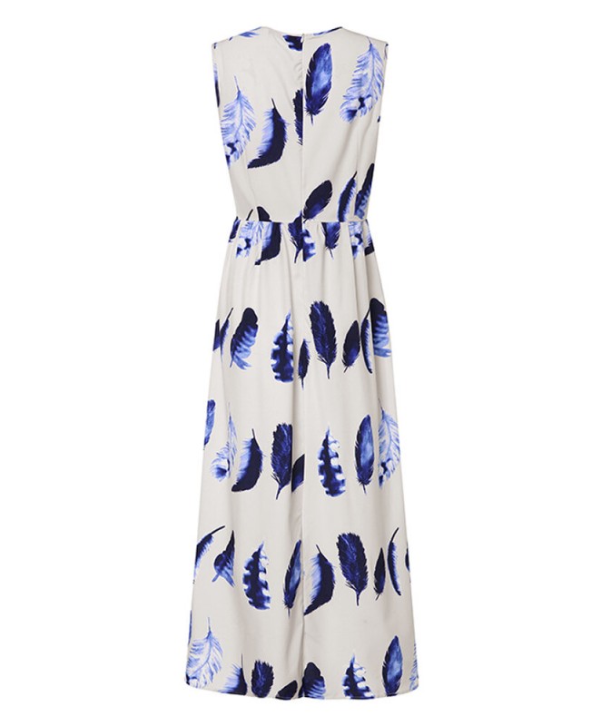 Bohemian Women Sleeveless Crew Neck Floral Print Long Maxi Dress - Blue M