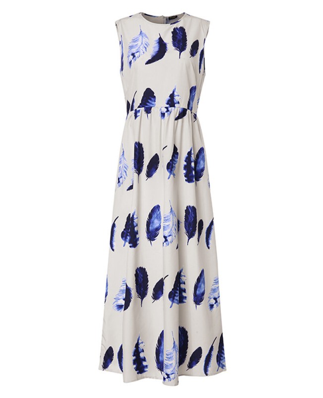 Bohemian Women Sleeveless Crew Neck Floral Print Long Maxi Dress - Blue M