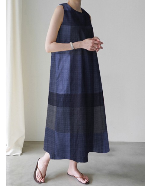 Casual Grid Printed Sleeveless Vintage Side Pocket...
