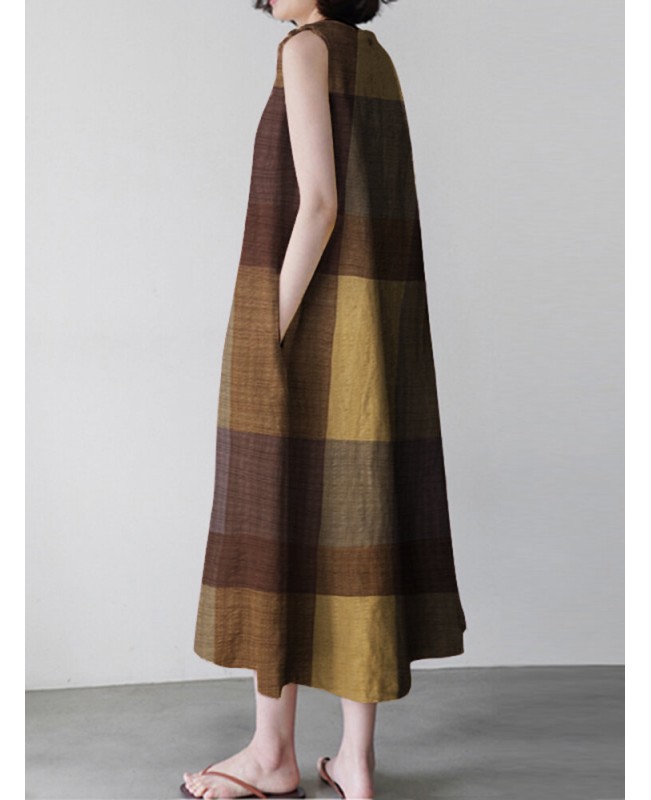 Casual Grid Printed Sleeveless Vintage Side Pocket Maxi Dress For Women - Wine Red S