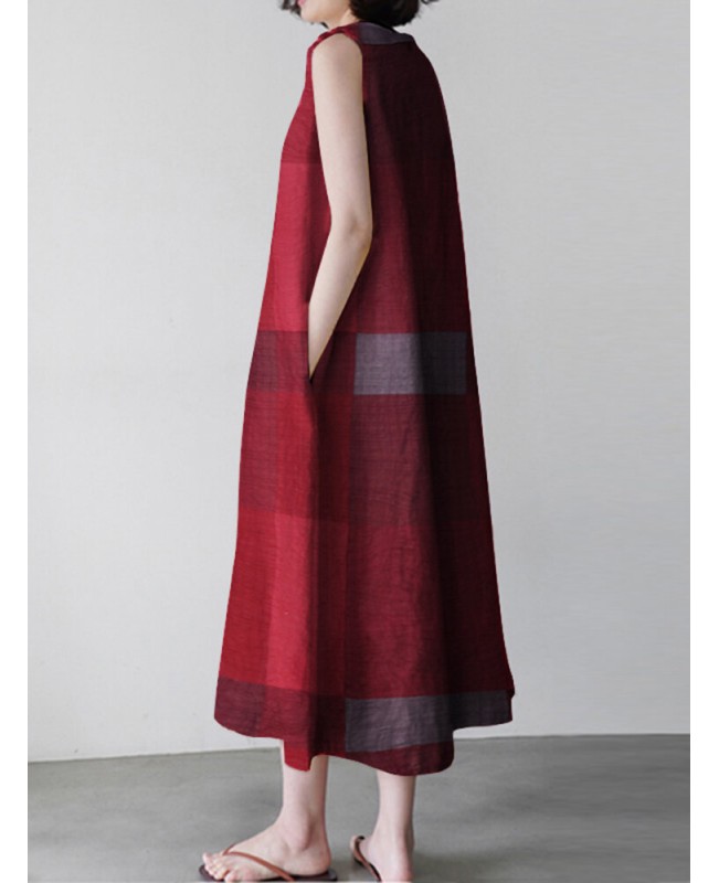 Casual Grid Printed Sleeveless Vintage Side Pocket Maxi Dress For Women - Wine Red S