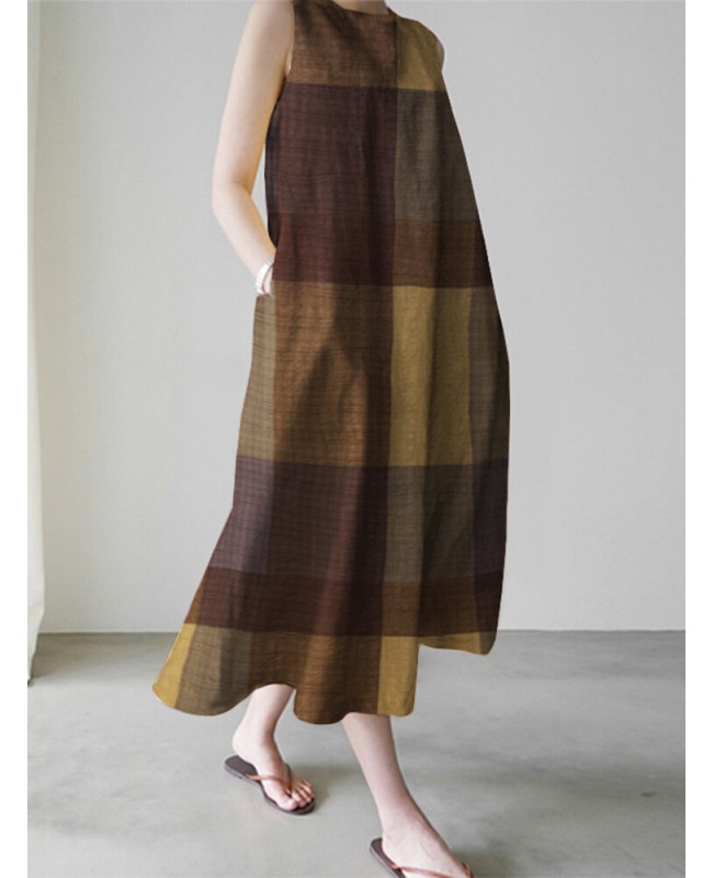 Casual Grid Printed Sleeveless Vintage Side Pocket Maxi Dress For Women - Wine Red S
