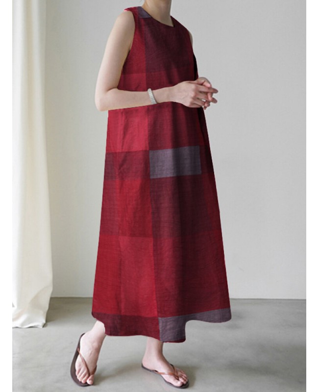Casual Grid Printed Sleeveless Vintage Side Pocket Maxi Dress For Women - Wine Red S