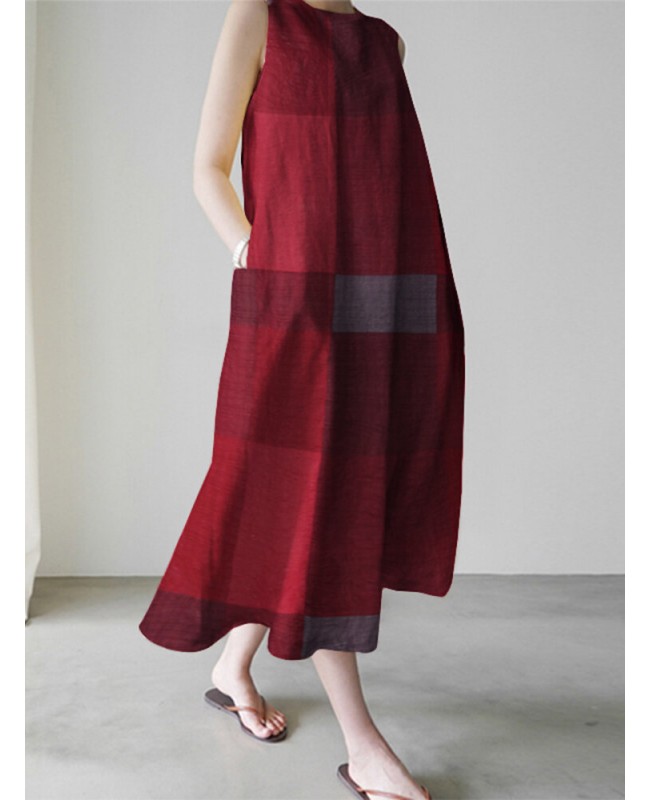 Casual Grid Printed Sleeveless Vintage Side Pocket Maxi Dress For Women - Wine Red S