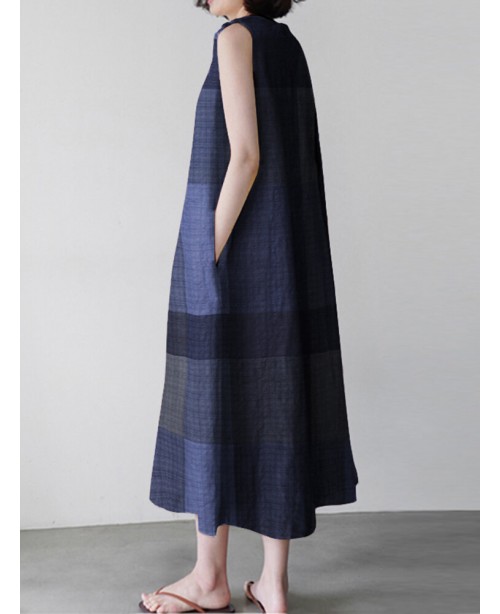 Casual Grid Printed Sleeveless Vintage Side Pocket...