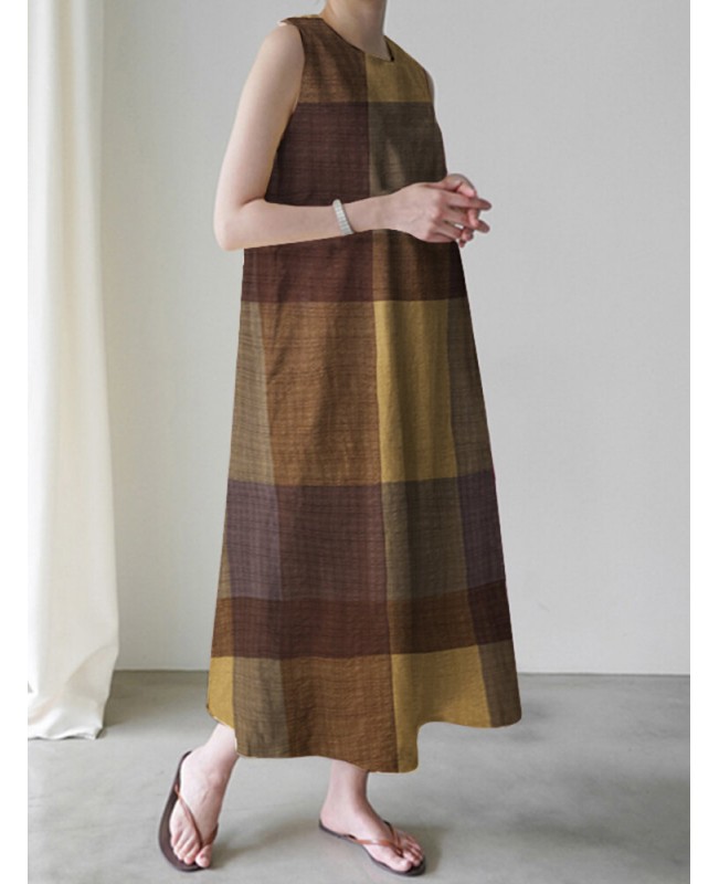 Casual Grid Printed Sleeveless Vintage Side Pocket Maxi Dress For Women - Wine Red S