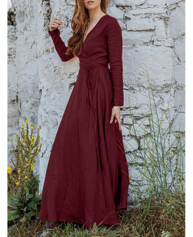 V-Neck Long Sleeve Sash Solid Brief Maxi Dress - Black 2XL