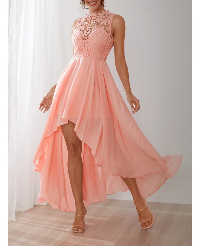 Delicate Crochet Lace Patchwork High Low Hem Maxi Dress - Pink M