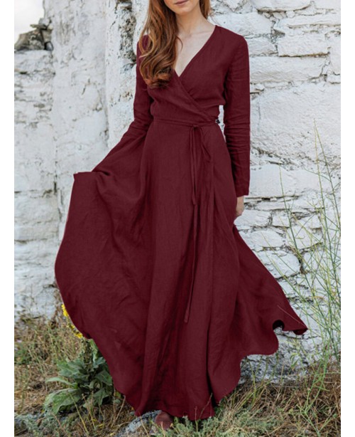 V-Neck Long Sleeve Sash Solid Brief Maxi Dress - B...