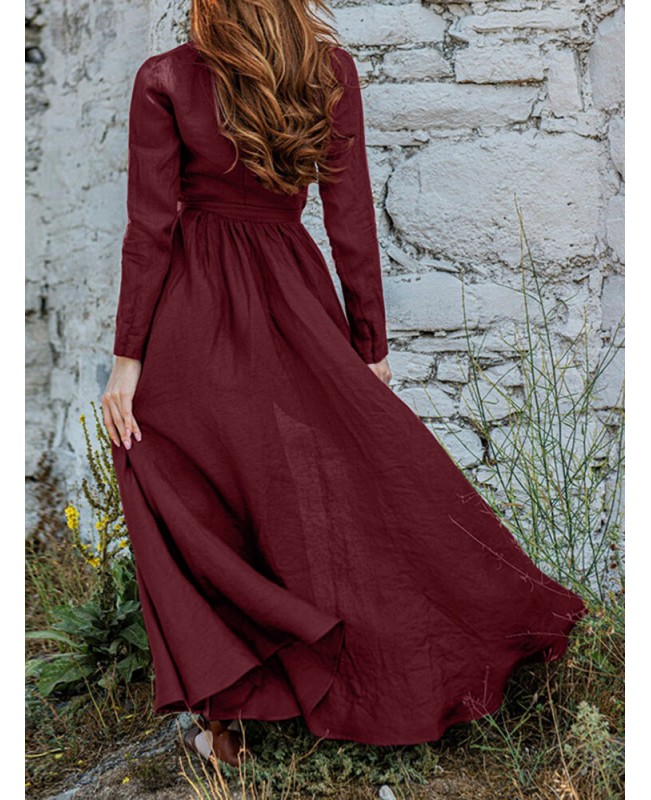 V-Neck Long Sleeve Sash Solid Brief Maxi Dress - Black 2XL