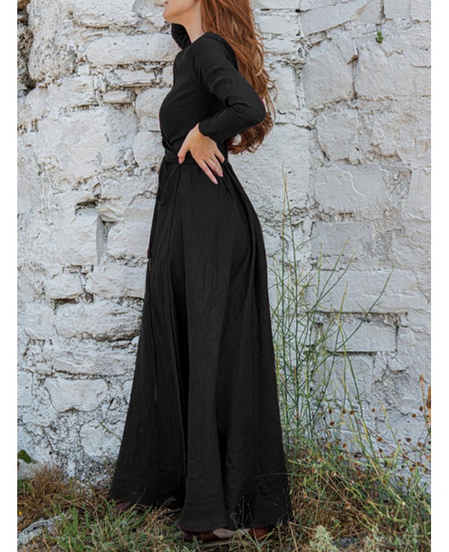 V-Neck Long Sleeve Sash Solid Brief Maxi Dress - Black 2XL