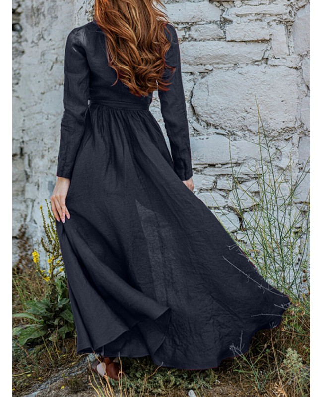 V-Neck Long Sleeve Sash Solid Brief Maxi Dress - Black 2XL
