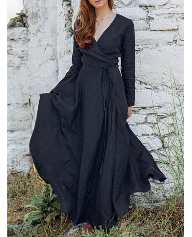 V-Neck Long Sleeve Sash Solid Brief Maxi Dress - Black 2XL