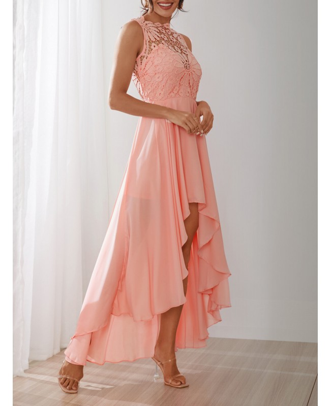 Delicate Crochet Lace Patchwork High Low Hem Maxi Dress - Pink M
