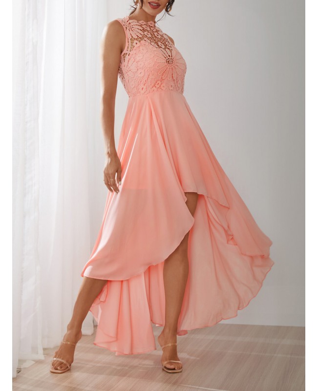 Delicate Crochet Lace Patchwork High Low Hem Maxi Dress - Pink M