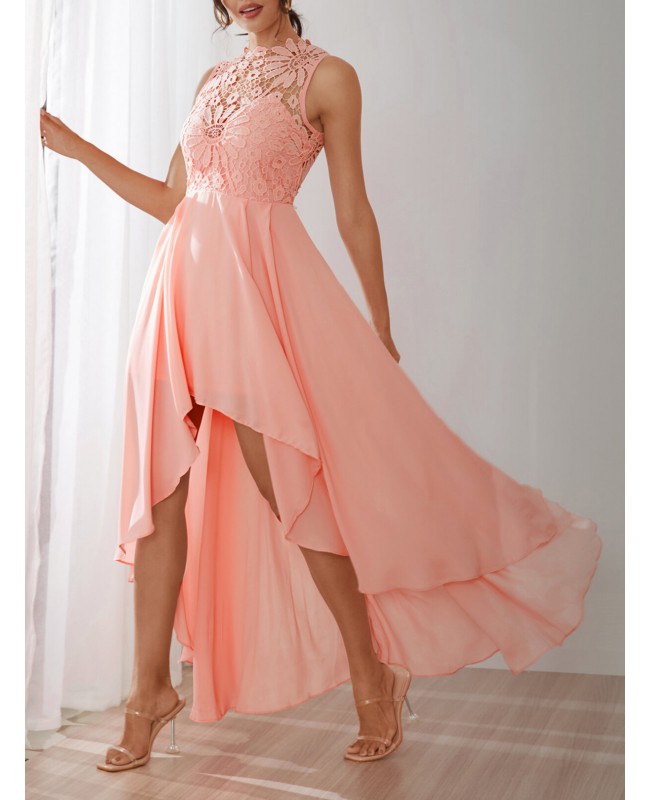 Delicate Crochet Lace Patchwork High Low Hem Maxi Dress - Pink M