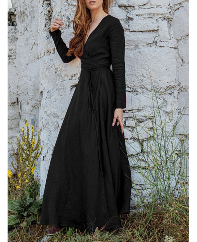 V-Neck Long Sleeve Sash Solid Brief Maxi Dress - Black 2XL