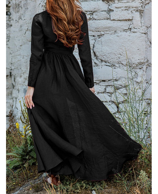 V-Neck Long Sleeve Sash Solid Brief Maxi Dress - Black 2XL