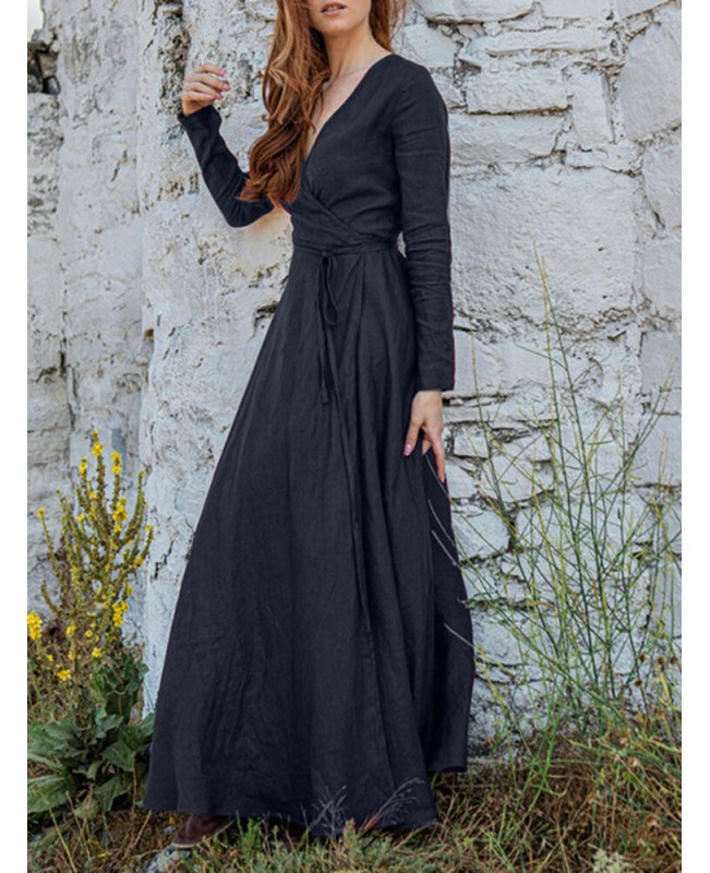 V-Neck Long Sleeve Sash Solid Brief Maxi Dress - Black 2XL