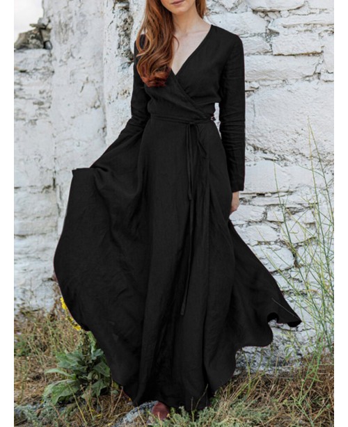 V-Neck Long Sleeve Sash Solid Brief Maxi Dress - B...
