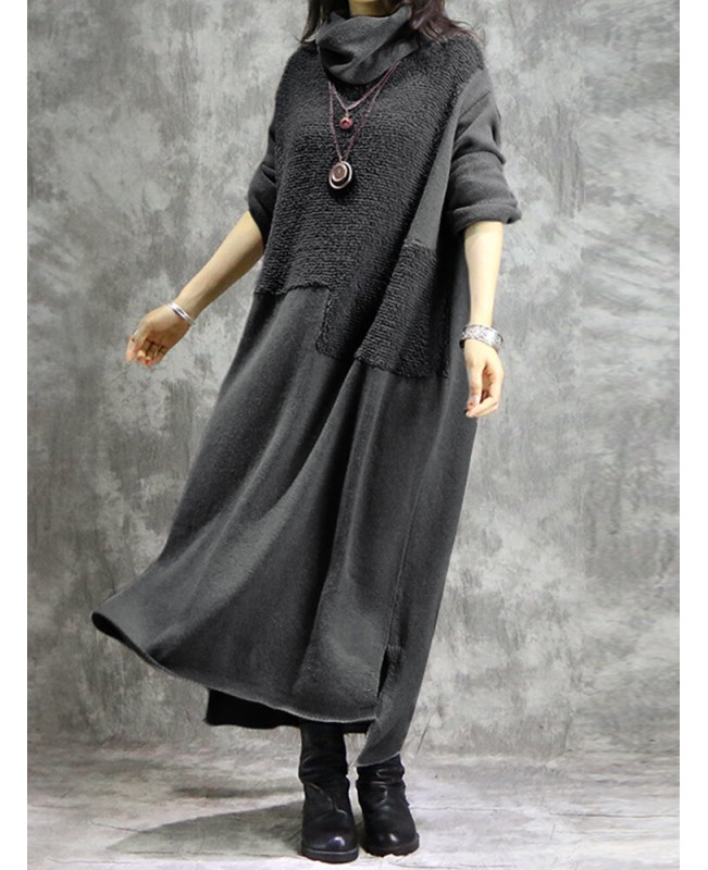 Women Casual Solid Color Long Sleeve Maxi Dress - Grey M