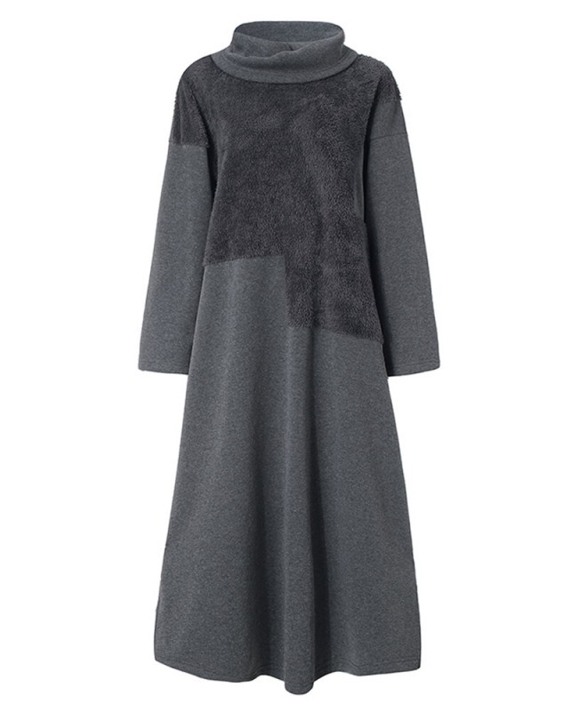 Women Casual Solid Color Long Sleeve Maxi Dress - Grey M