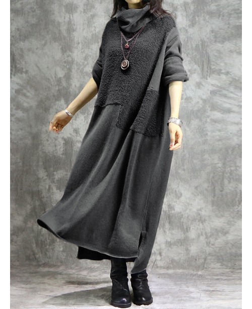 Women Casual Solid Color Long Sleeve Maxi Dress - ...