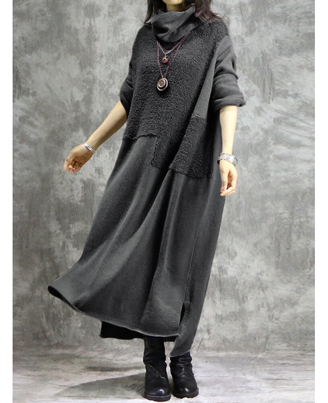 Women Casual Solid Color Long Sleeve Maxi Dress - Grey M