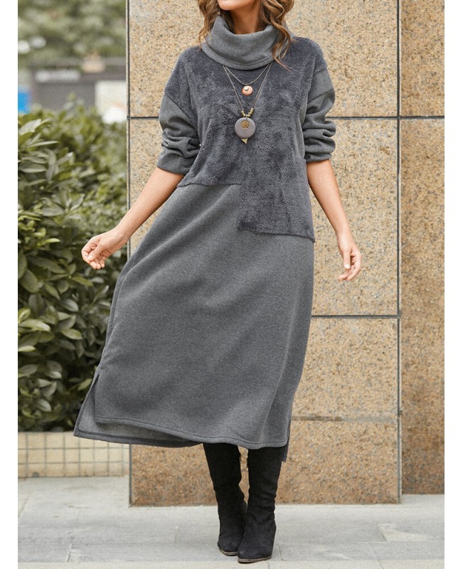 Women Casual Solid Color Long Sleeve Maxi Dress - Grey M
