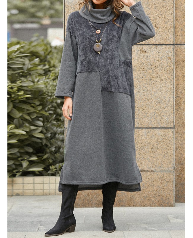 Women Casual Solid Color Long Sleeve Maxi Dress - Grey M