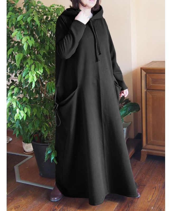 Women Solid Color Side Double Pocket Loose Hooded Maxi Dresses - Navy S