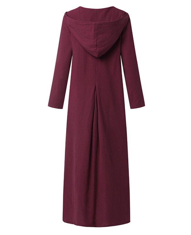 Women Vintage V-Neck Side Pockets Split Cotton Maxi Dress  - Black S