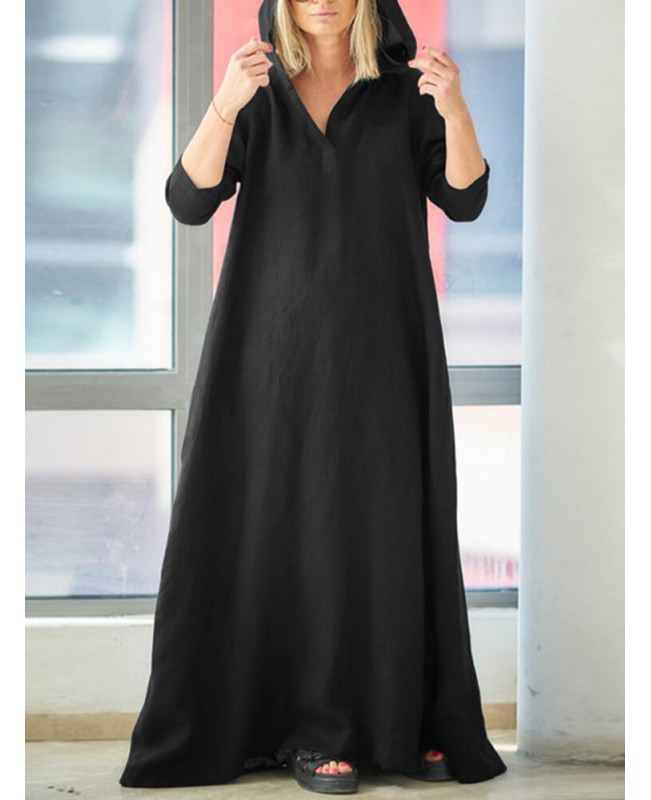 Women Vintage V-Neck Side Pockets Split Cotton Maxi Dress  - Black S