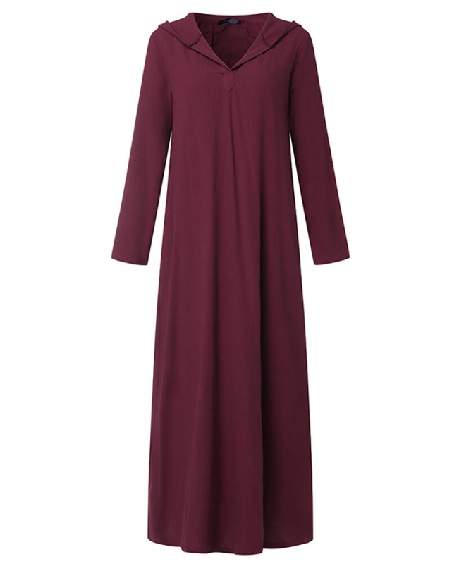 Women Vintage V-Neck Side Pockets Split Cotton Maxi Dress  - Black S