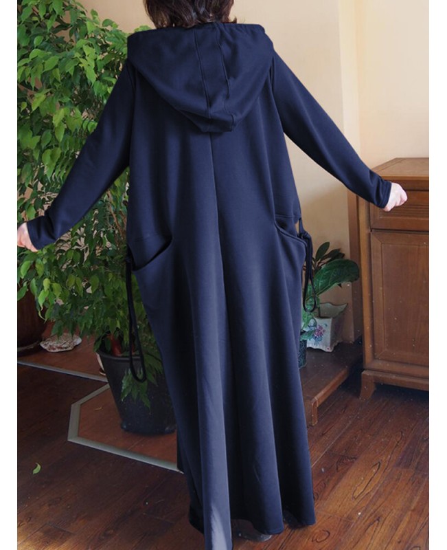 Women Solid Color Side Double Pocket Loose Hooded Maxi Dresses - Navy S