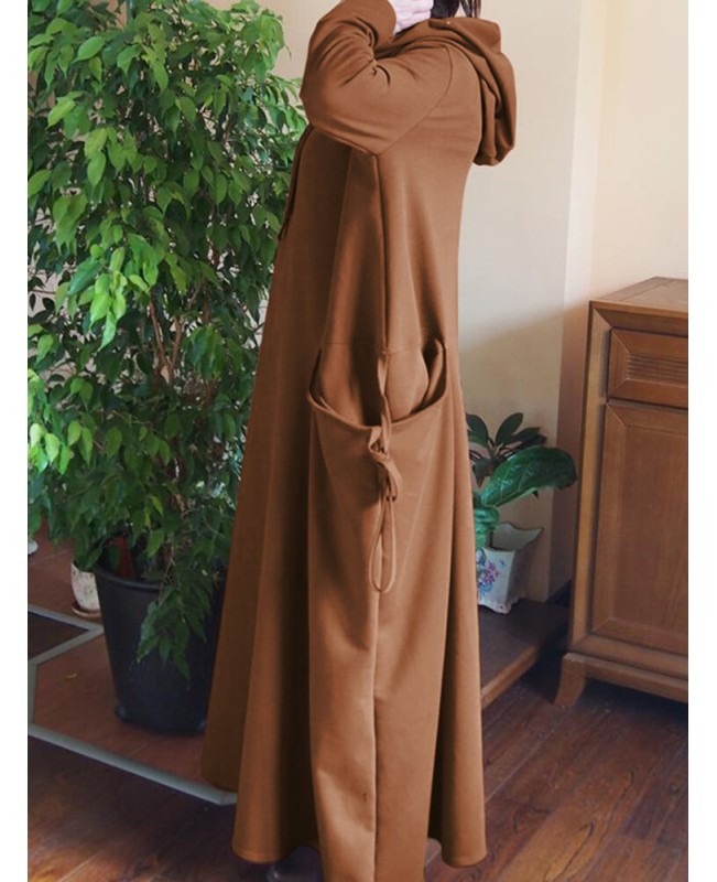 Women Solid Color Side Double Pocket Loose Hooded Maxi Dresses - Navy S