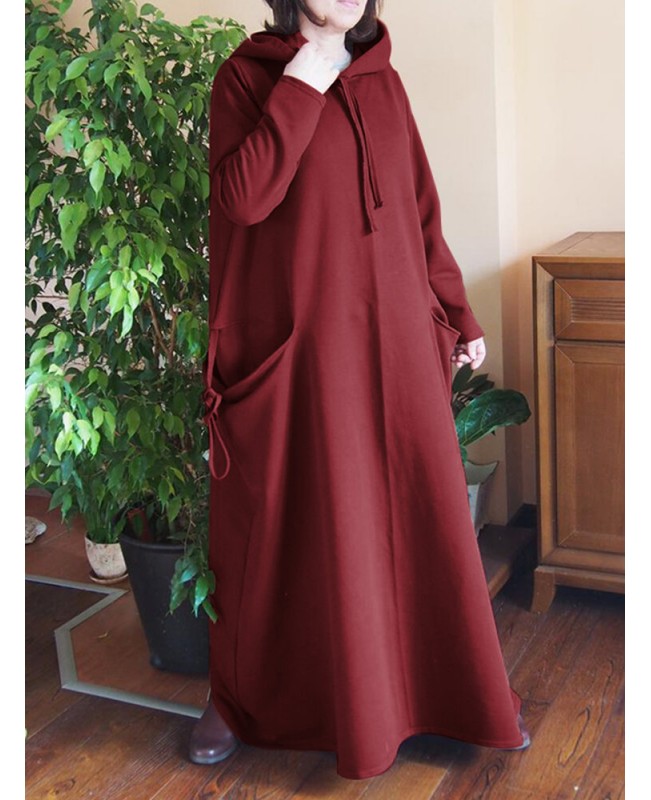 Women Solid Color Side Double Pocket Loose Hooded Maxi Dresses - Navy S