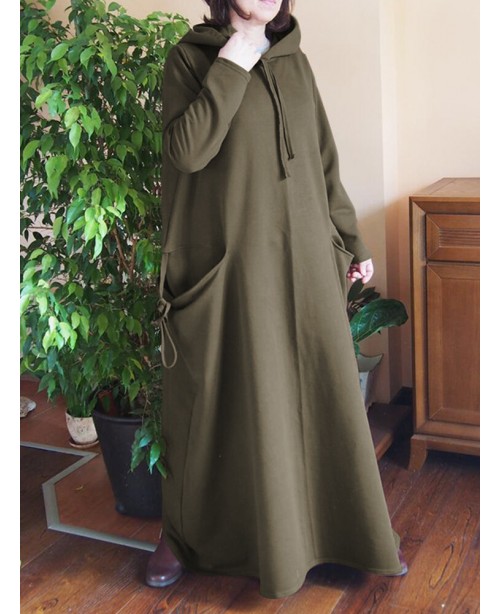Women Solid Color Side Double Pocket Loose Hooded ...