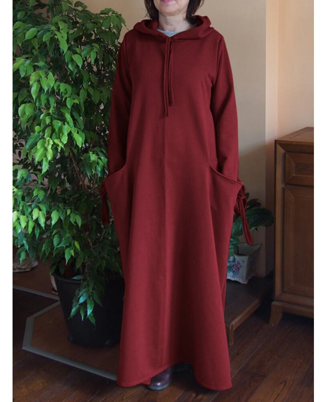 Women Solid Color Side Double Pocket Loose Hooded Maxi Dresses - Navy S