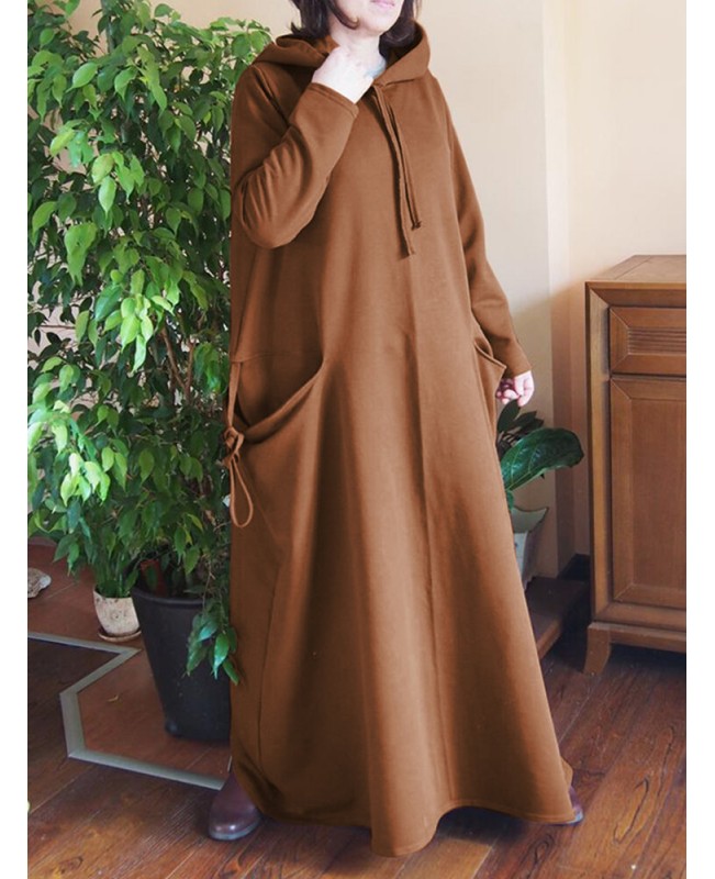 Women Solid Color Side Double Pocket Loose Hooded Maxi Dresses - Navy S