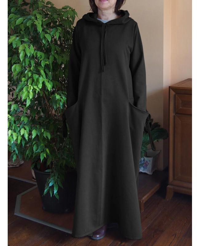 Women Solid Color Side Double Pocket Loose Hooded Maxi Dresses - Navy S