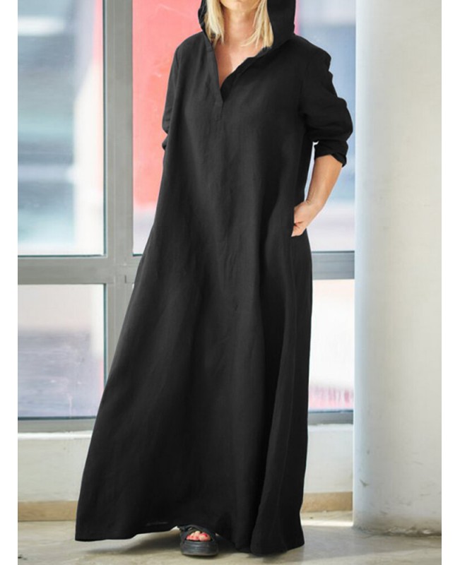 Women Vintage V-Neck Side Pockets Split Cotton Maxi Dress  - Black S