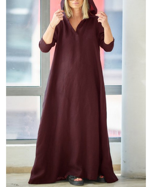 Women Vintage V-Neck Side Pockets Split Cotton Max...