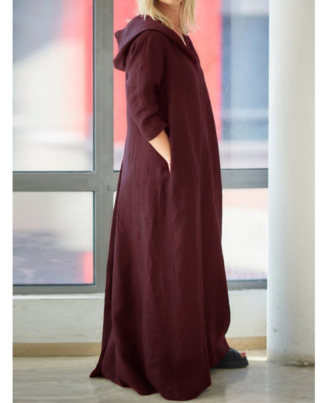 Women Vintage V-Neck Side Pockets Split Cotton Maxi Dress  - Black S