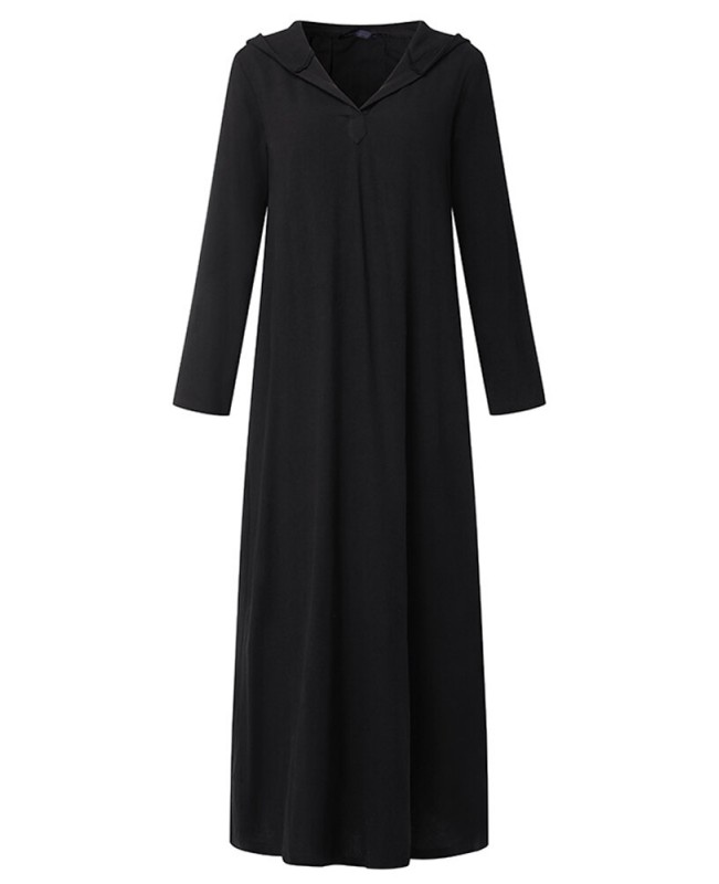 Women Vintage V-Neck Side Pockets Split Cotton Maxi Dress  - Black S
