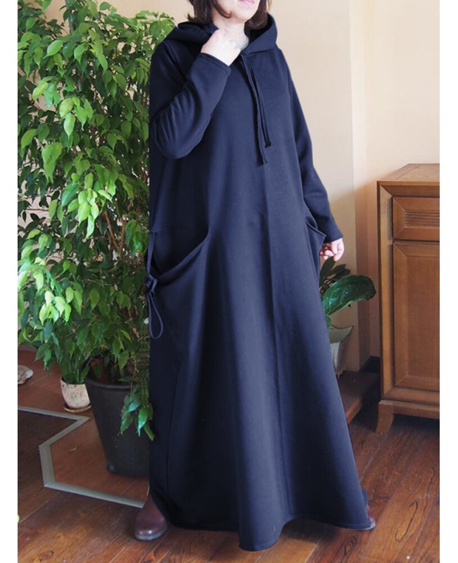Women Solid Color Side Double Pocket Loose Hooded Maxi Dresses - Navy S
