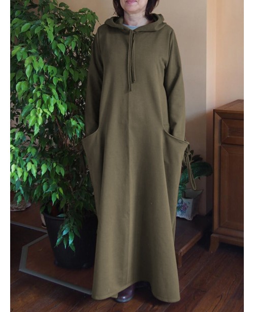 Women Solid Color Side Double Pocket Loose Hooded ...