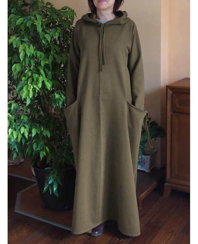 Women Solid Color Side Double Pocket Loose Hooded Maxi Dresses - Navy S
