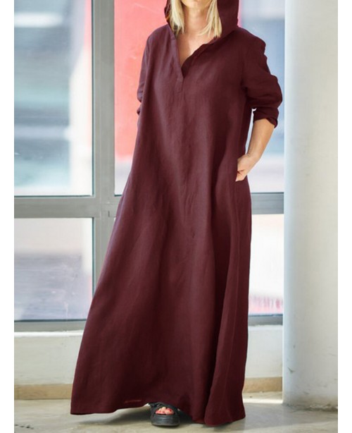 Women Vintage V-Neck Side Pockets Split Cotton Max...