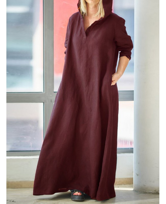 Women Vintage V-Neck Side Pockets Split Cotton Maxi Dress  - Black S
